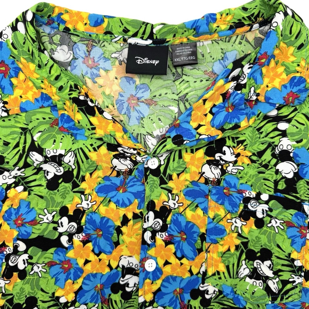Disney Hawaiian Shirt Floral Palm Men's Size XXL Mickey Mouse Short Sleeve Rayon